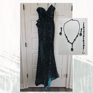 Portia and Scarlett Emerald Green Strapless Sequin Formal, Prom, Pagent, Gown